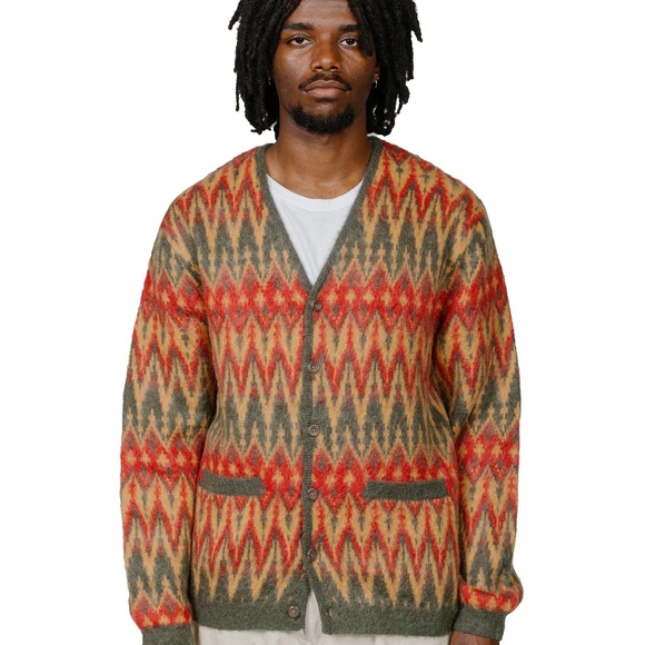 BEAMS PLUS Wool Chevron Jacquard Cardigan Sweater - Picture 1 of 5
